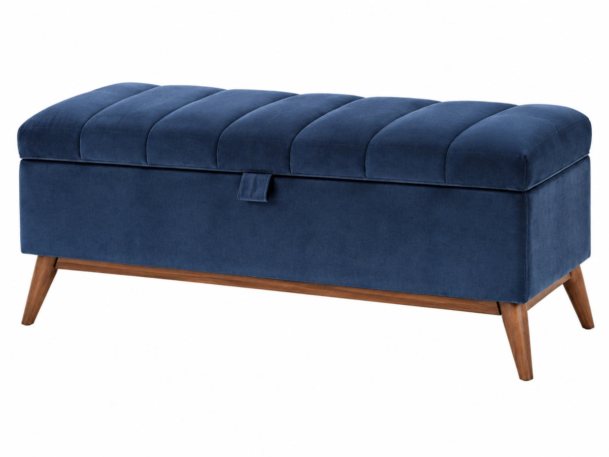 Sitzbank 120 x 45 x 48 cm blau Samt mit Stauraum und Holzbeinen
