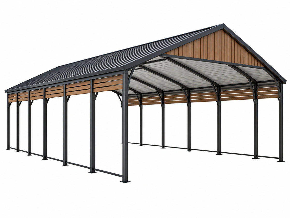 Carport 600 x 300 x 250 cm aus Stahl und Holz Braun Schwarz mit Satteldach
