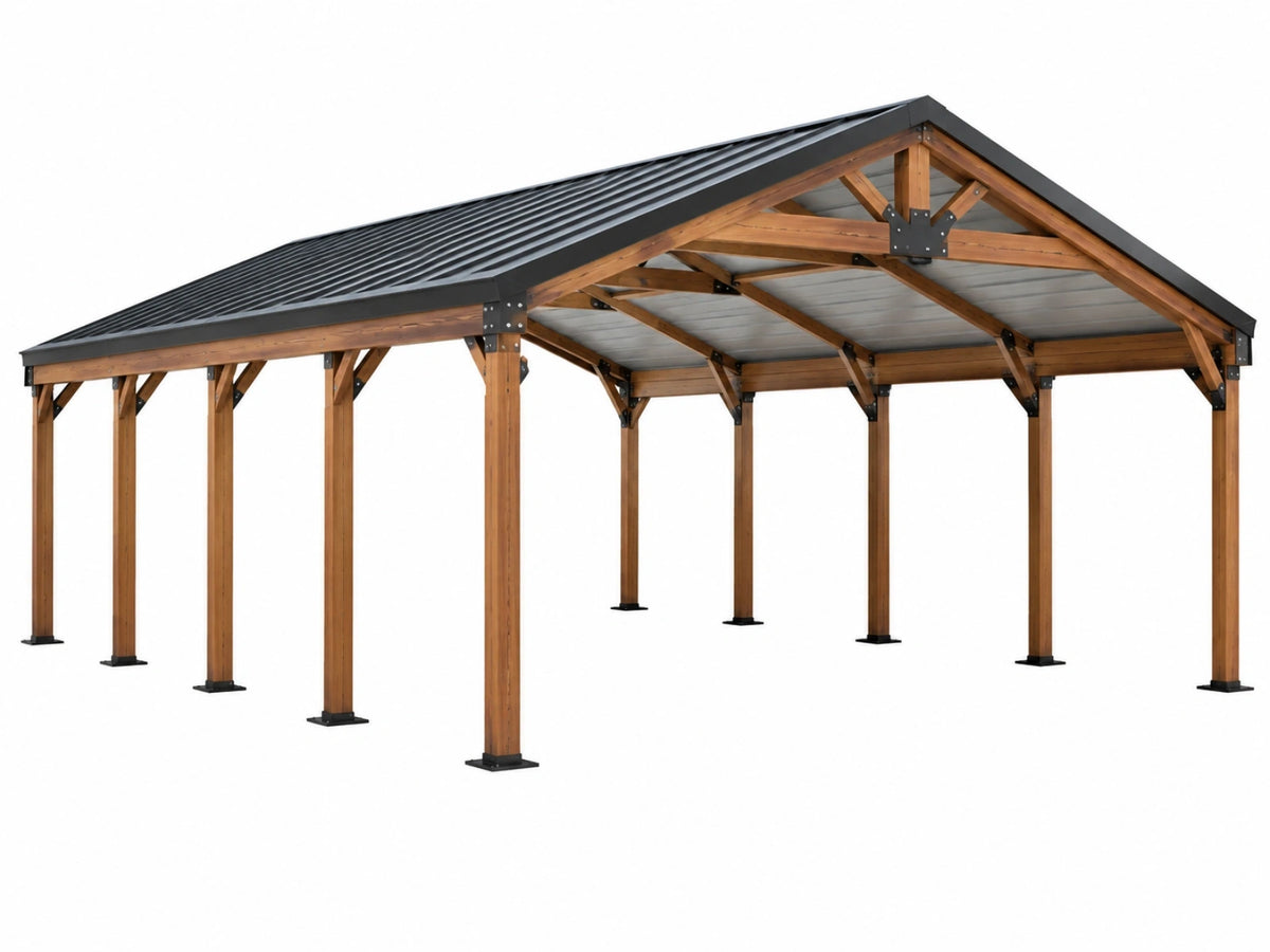 Doppelcarport 600 x 600 x 300 cm aus Holz und Stahl in Naturbraun Schwarz mit Satteldach