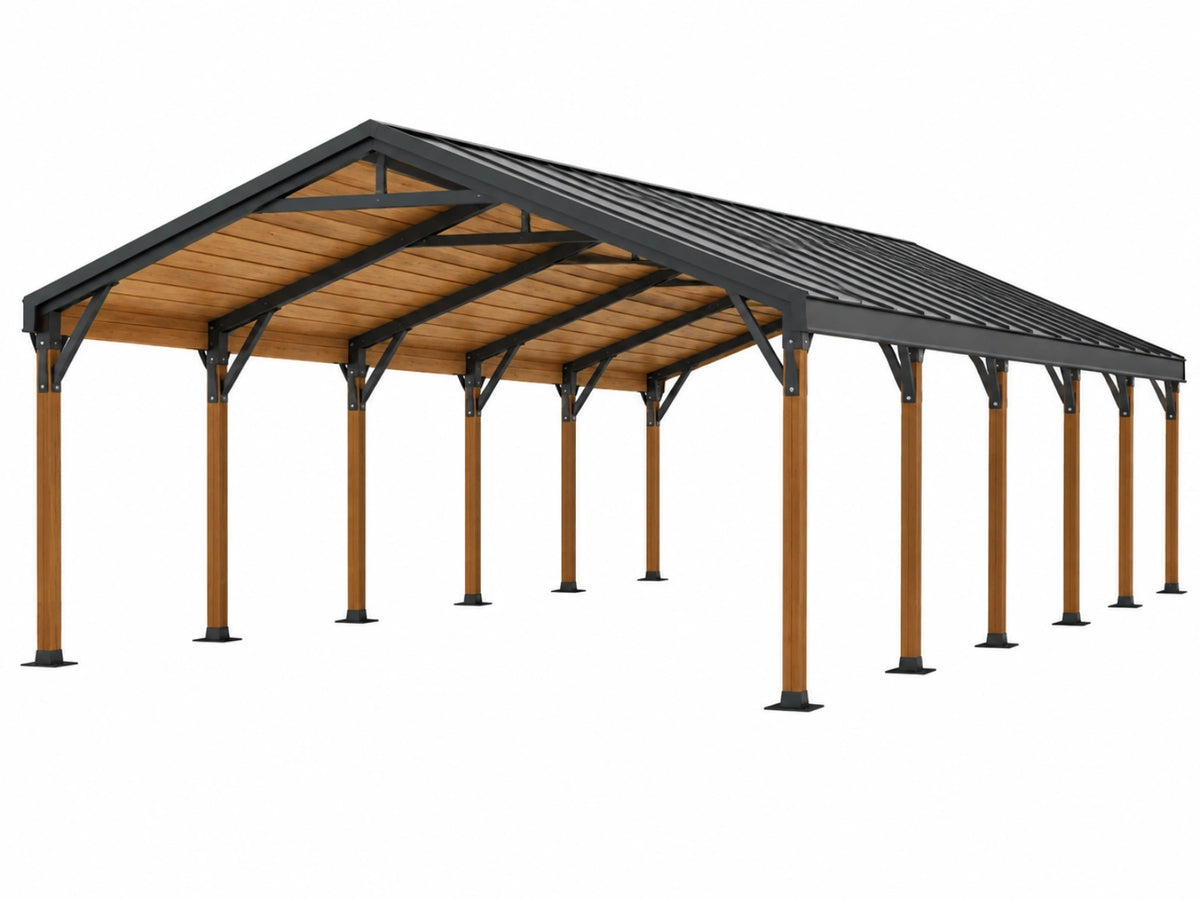 Carport 600 x 600 x 300 cm aus Holz und Metall Braun Schwarz mit Satteldach
