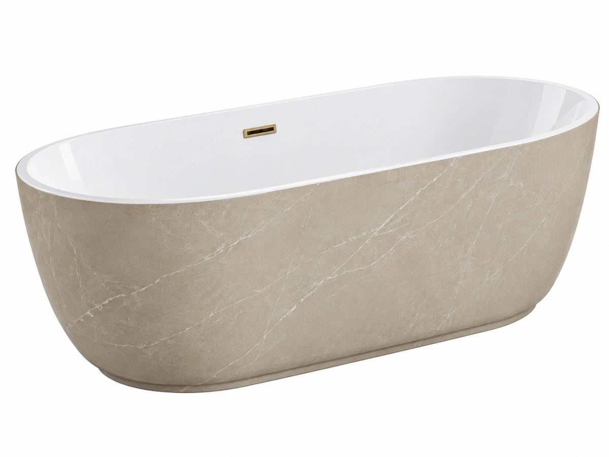 Freistehende Badewanne 170 x 80 cm Weiß Beige Steinoptik Oval Modern