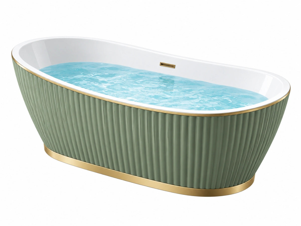 Freistehende Badewanne 170 x 75 x 58 cm aus Acryl Grün Weiß mit Goldrand geriffelt