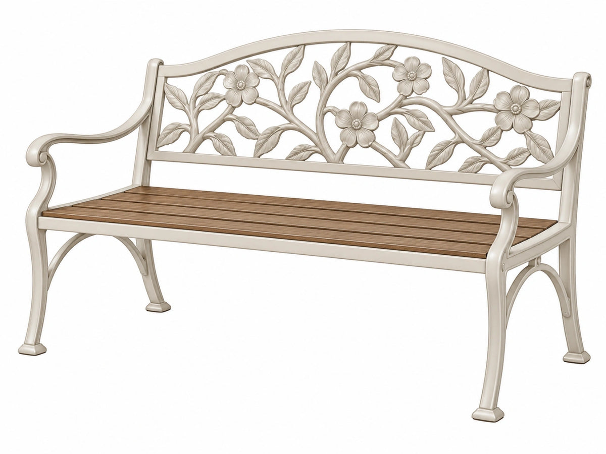 Gartenbank 150 cm aus Metall und Holz in Cremebraun im Landhausstil
