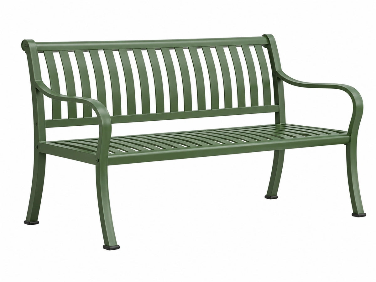 Gartenbank 125 x 60 x 85 cm aus Metall in Dunkelgrün mit Armlehnen