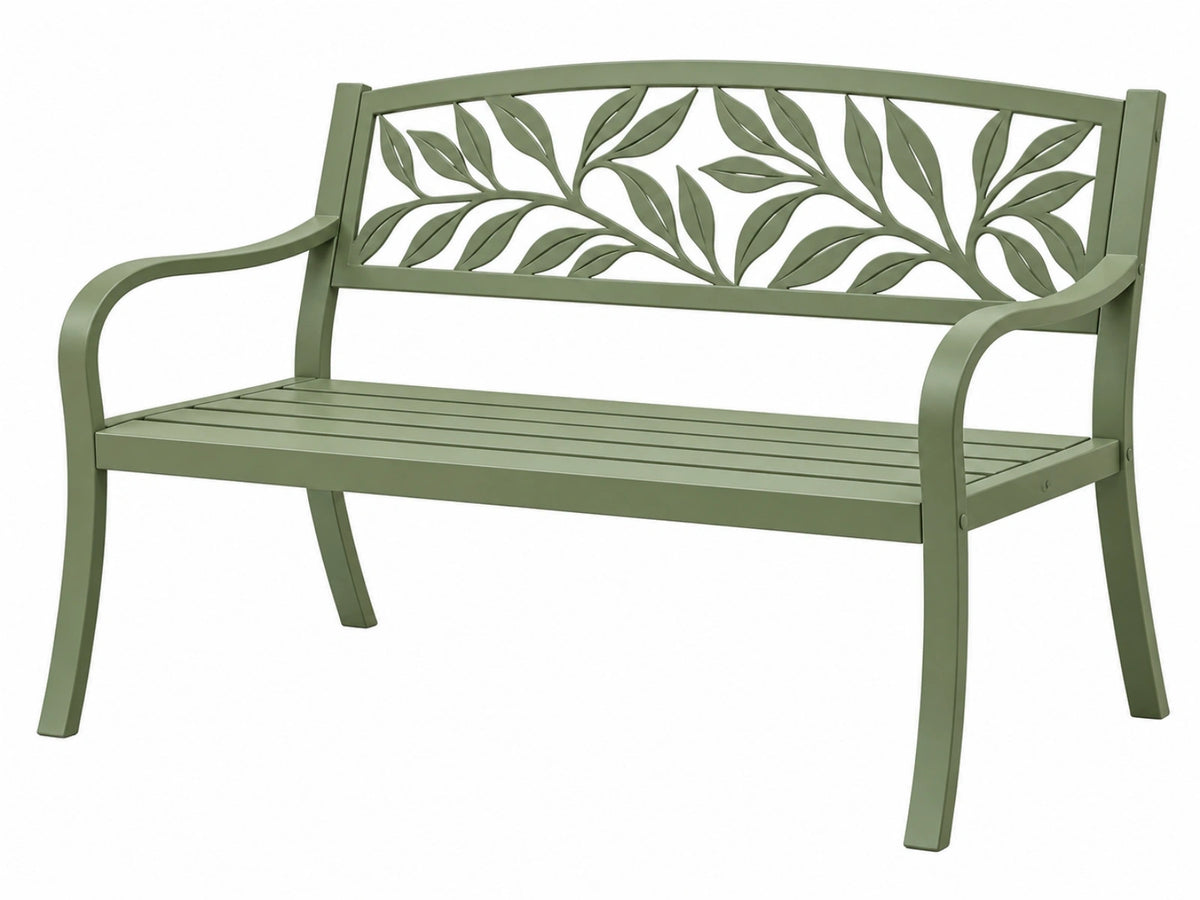 Gartenbank 120 cm Metall Grün mit Blättermuster und Armlehnen