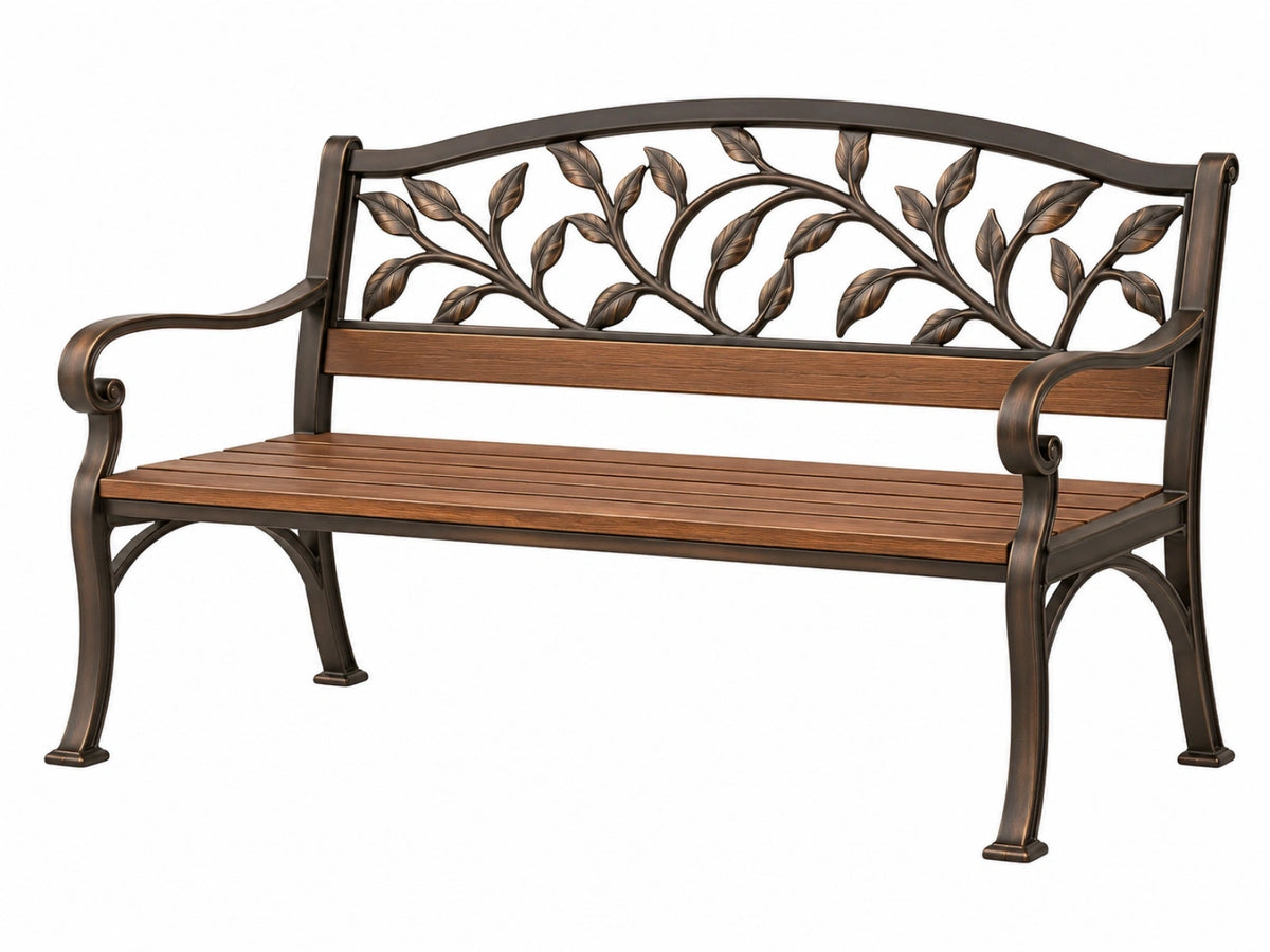 Gartenbank 122 cm Metall und Holz Braun Antiker Stil mit Blättermuster