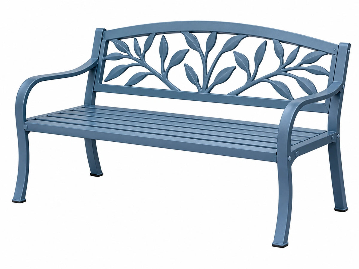 Gartenbank 122x61x88 cm aus blauem Metall mit Blattmotiv für Außenbereiche